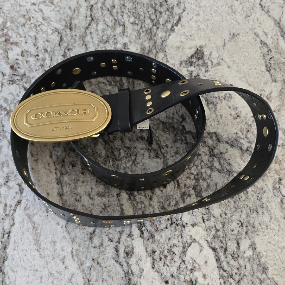 NWT Vintage Authentic Coach Black Leather Belt with Gold Buckle
